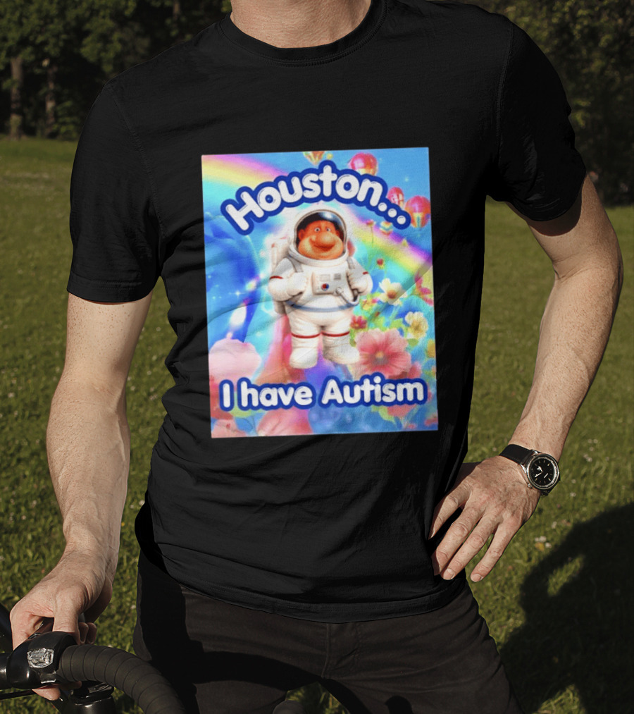 Houston I Have Autism Rainbow Astronaut Balloons And Flowers T-Shirt