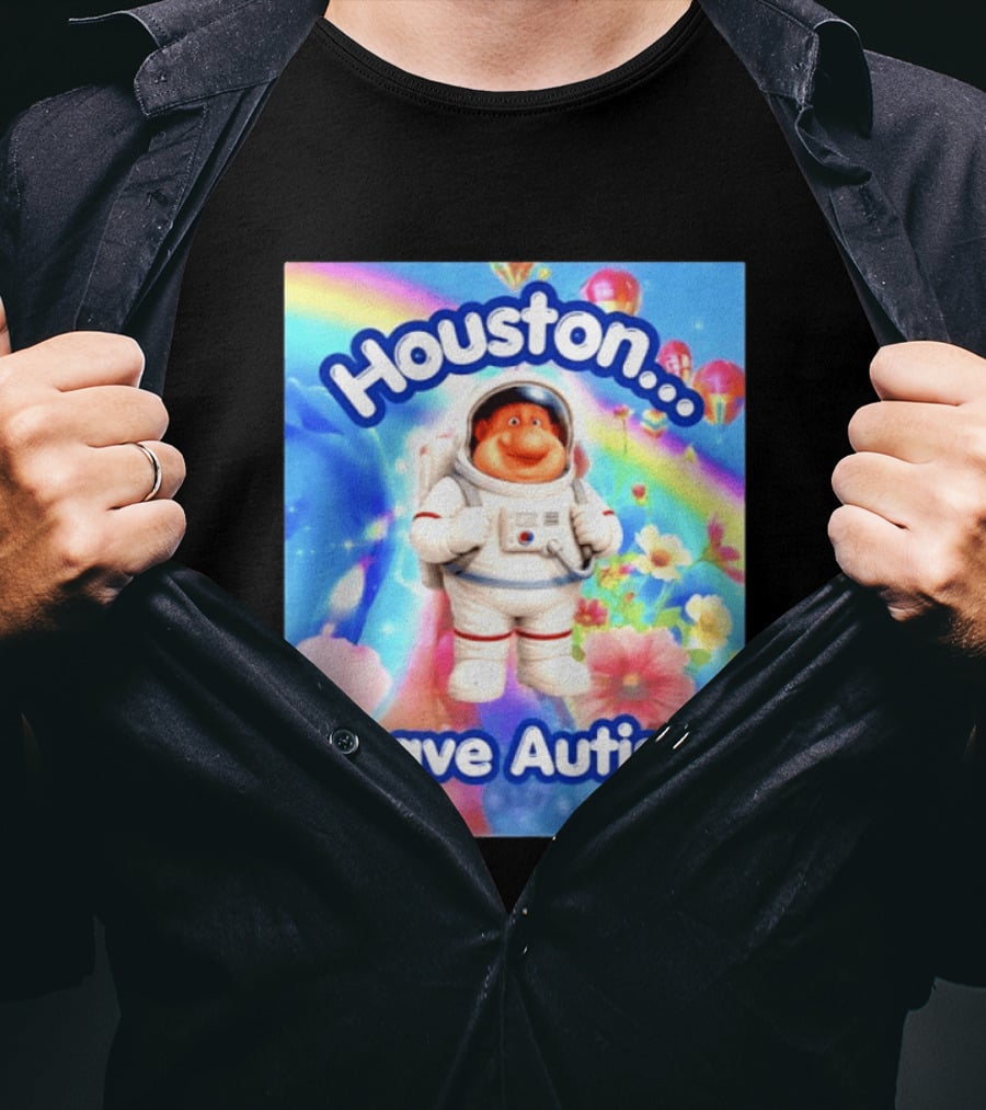 Houston I Have Autism Rainbow Astronaut Balloons And Flowers T-Shirt