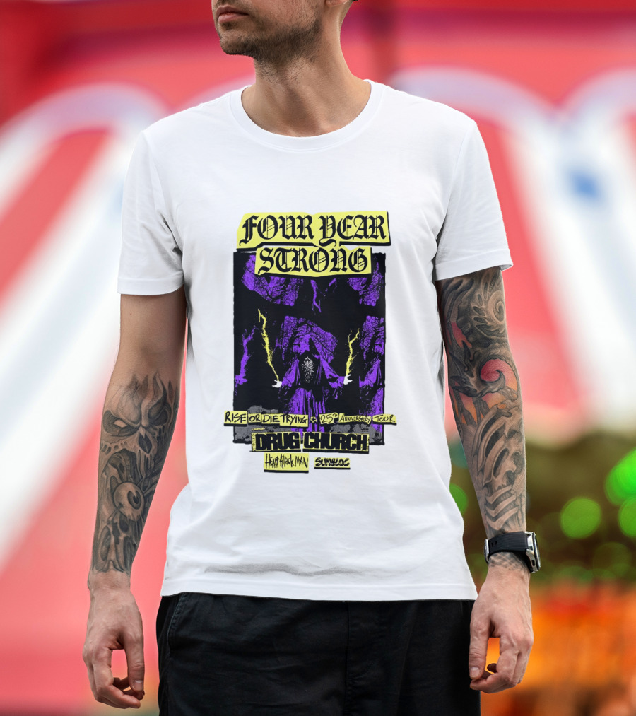 Four Year Strong Rise Or Die Trying 25th Anniversary Tour Drug Church Heart Attack Man Save Face Purple Cloaked Figure T-Shirt