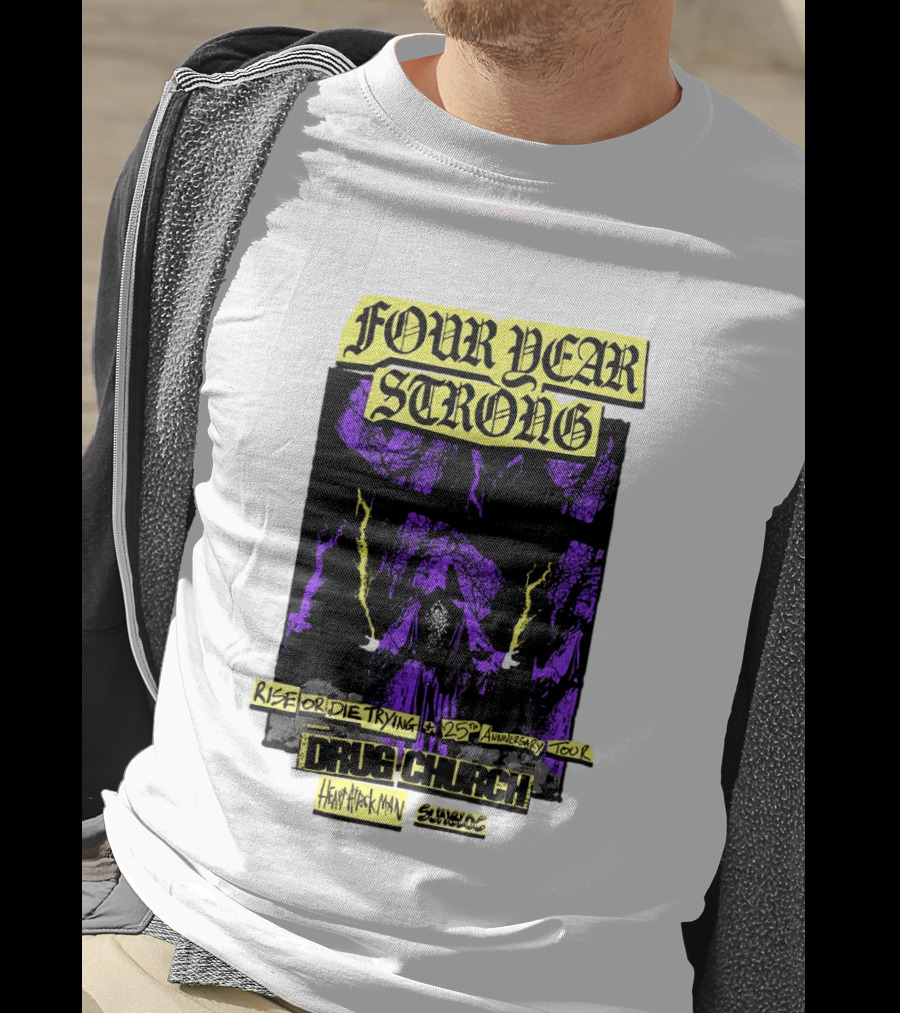 Four Year Strong Rise Or Die Trying 25th Anniversary Tour Drug Church Heart Attack Man Save Face Purple Cloaked Figure T-Shirt