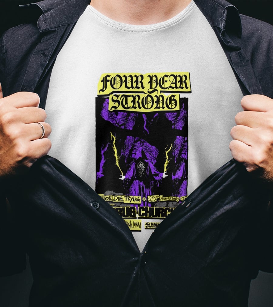 Four Year Strong Rise Or Die Trying 25th Anniversary Tour Drug Church Heart Attack Man Save Face Purple Cloaked Figure T-Shirt