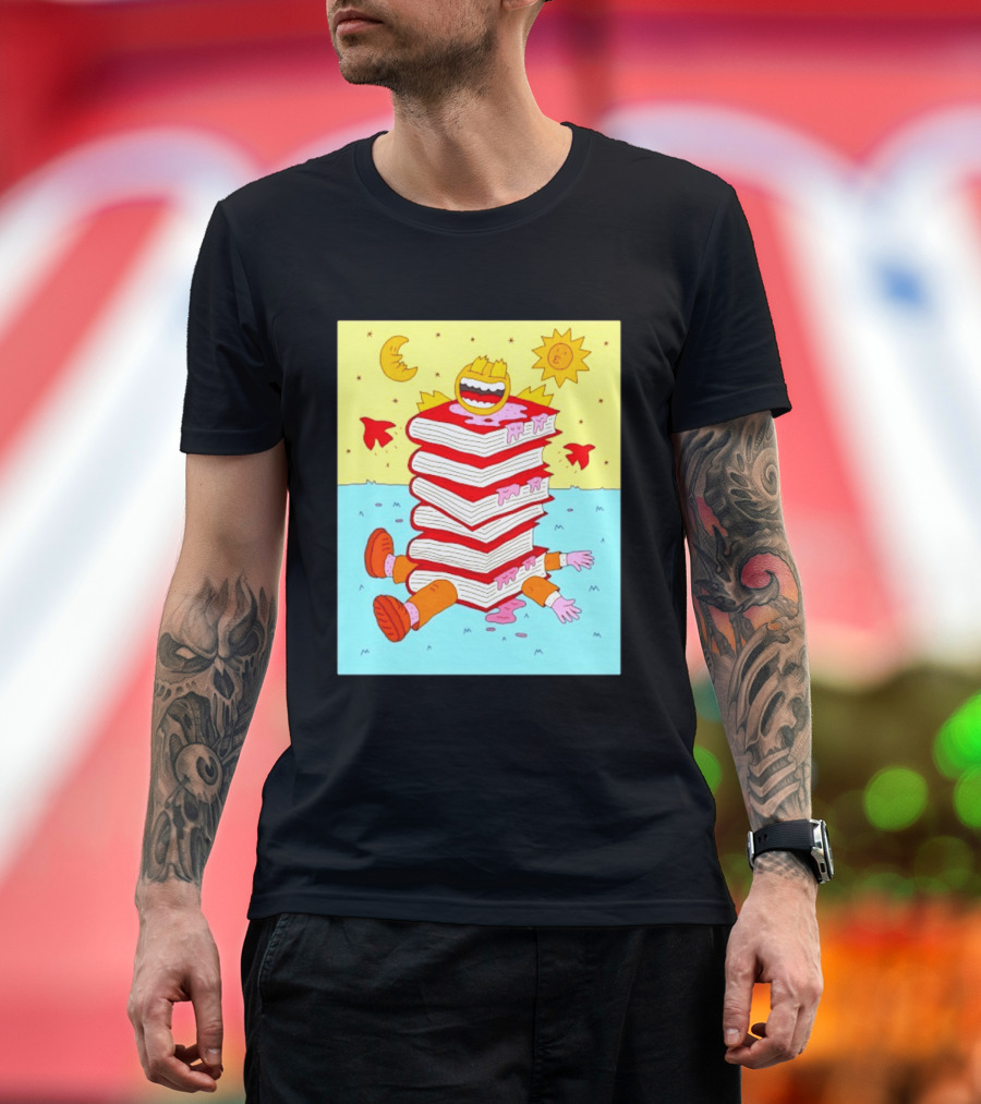 Smiling Face Moon Sun Birds Stack Of Books Reading T-Shirt