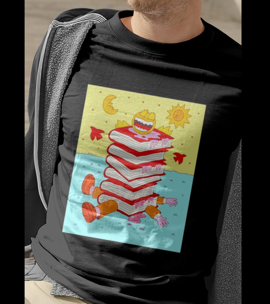Smiling Face Moon Sun Birds Stack Of Books Reading T-Shirt