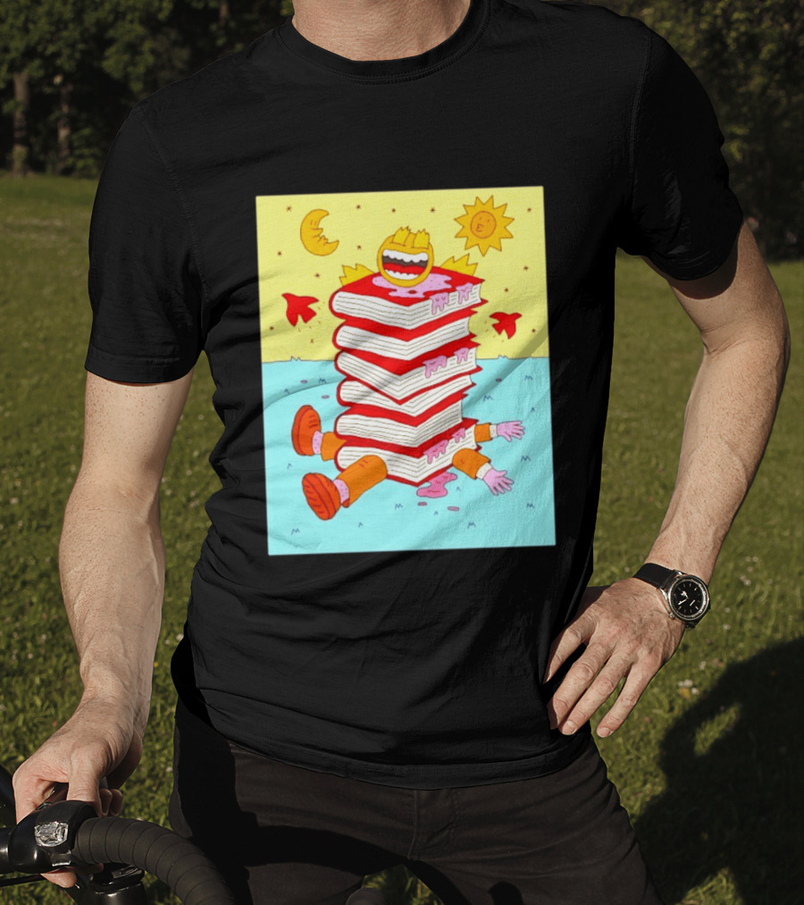 Smiling Face Moon Sun Birds Stack Of Books Reading T-Shirt
