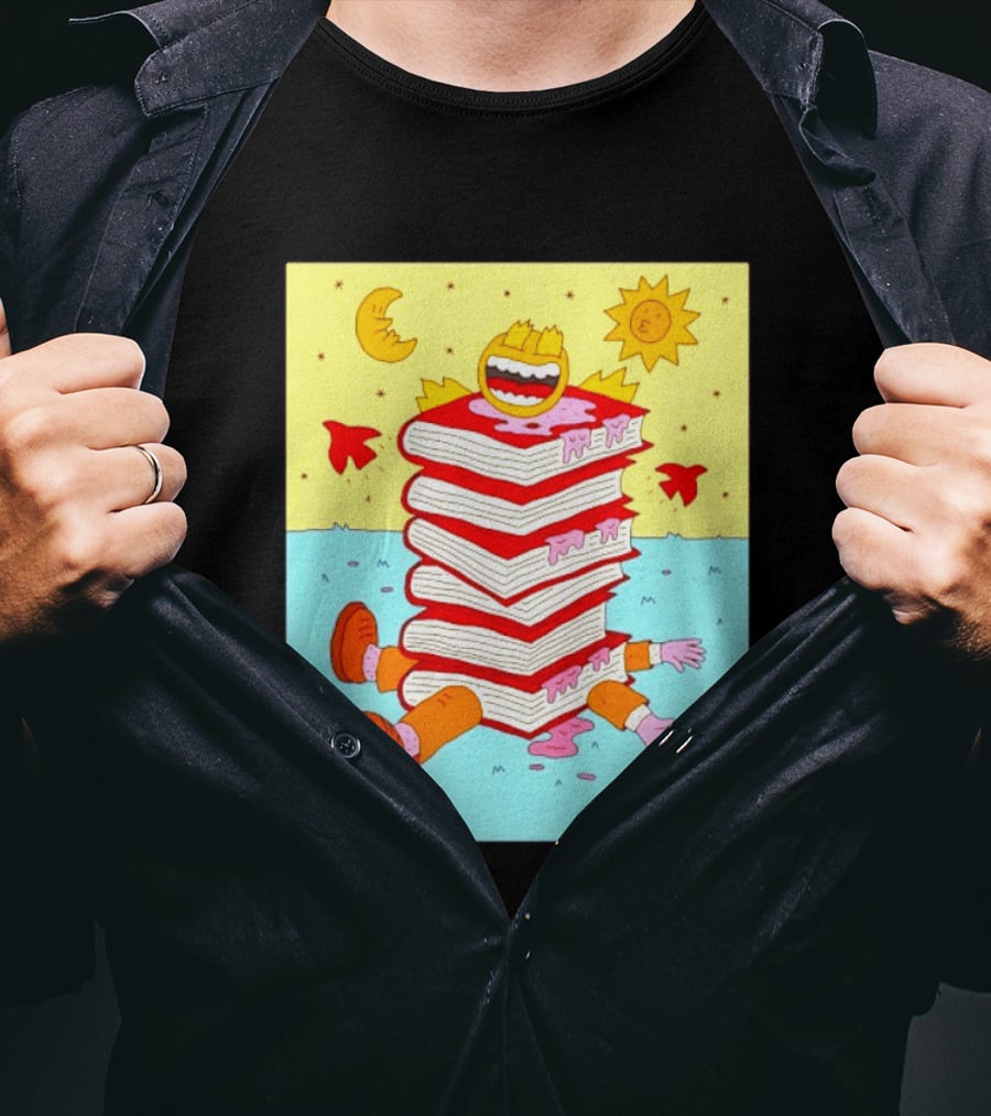 Smiling Face Moon Sun Birds Stack Of Books Reading T-Shirt