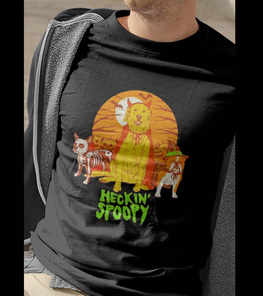 Heckin' Spoopy Dogs Halloween Golden Retriever Skeleton Costume Pumpkin Moon T-Shirt