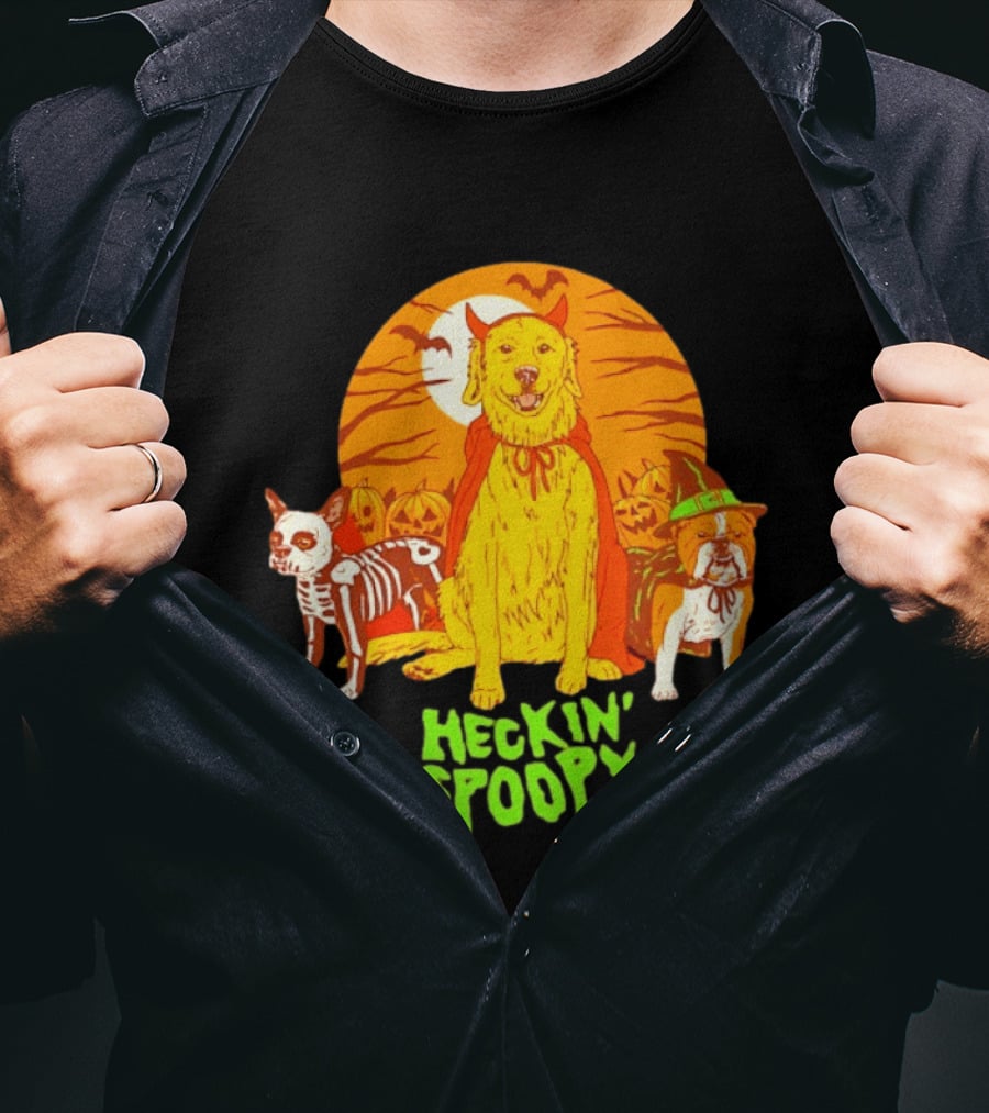 Heckin' Spoopy Dogs Halloween Golden Retriever Skeleton Costume Pumpkin Moon T-Shirt
