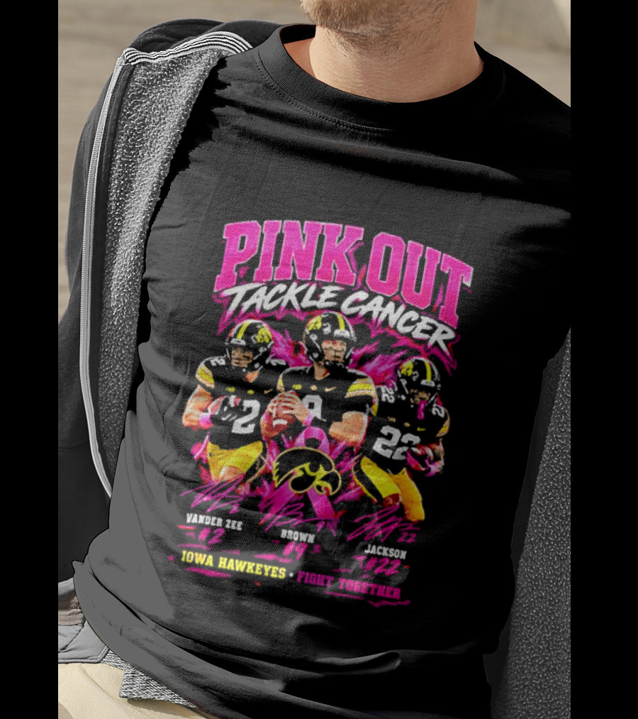 Iowa Hawkeyes Pink Out Tackle Cancer Fight Together Signatures 22 84 10 T-Shirt