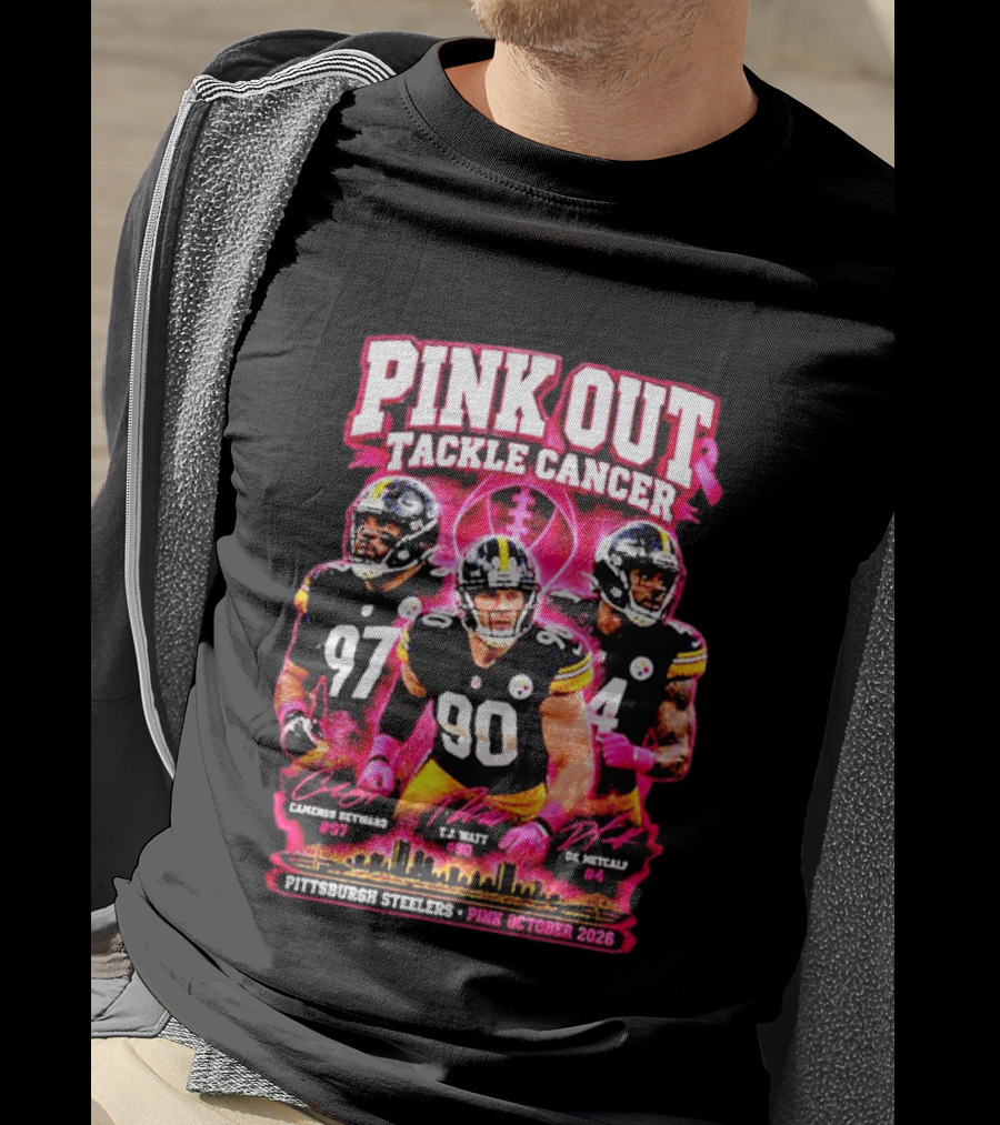 Pittsburgh Steelers Pink Out Tackle Cancer October 2026 Player Signatures Heyward Watt Fitzpatrick T-Shirt