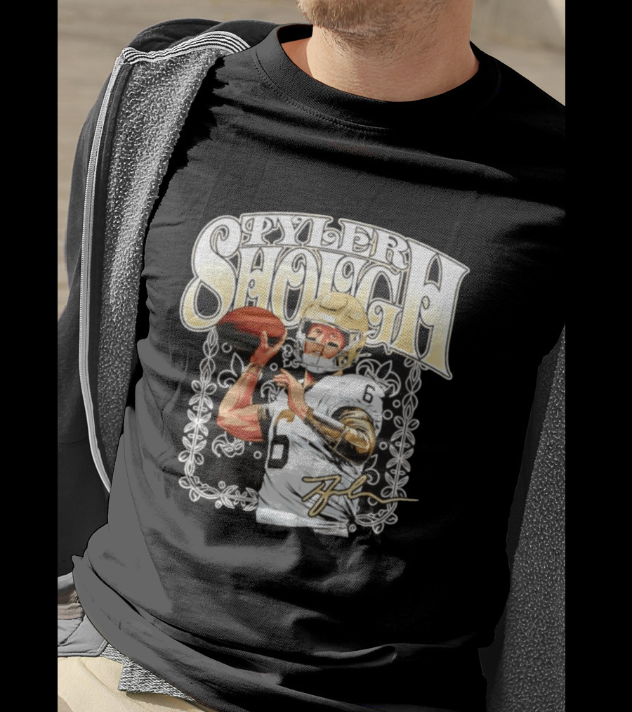 Tyler Shough New Orleans Saints Groovy Football Art With Player Signature T-Shirt