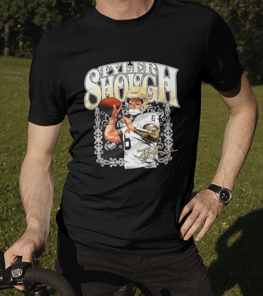Tyler Shough New Orleans Saints Groovy Football Art With Player Signature T-Shirt