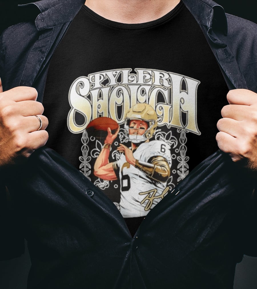 Tyler Shough New Orleans Saints Groovy Football Art With Player Signature T-Shirt