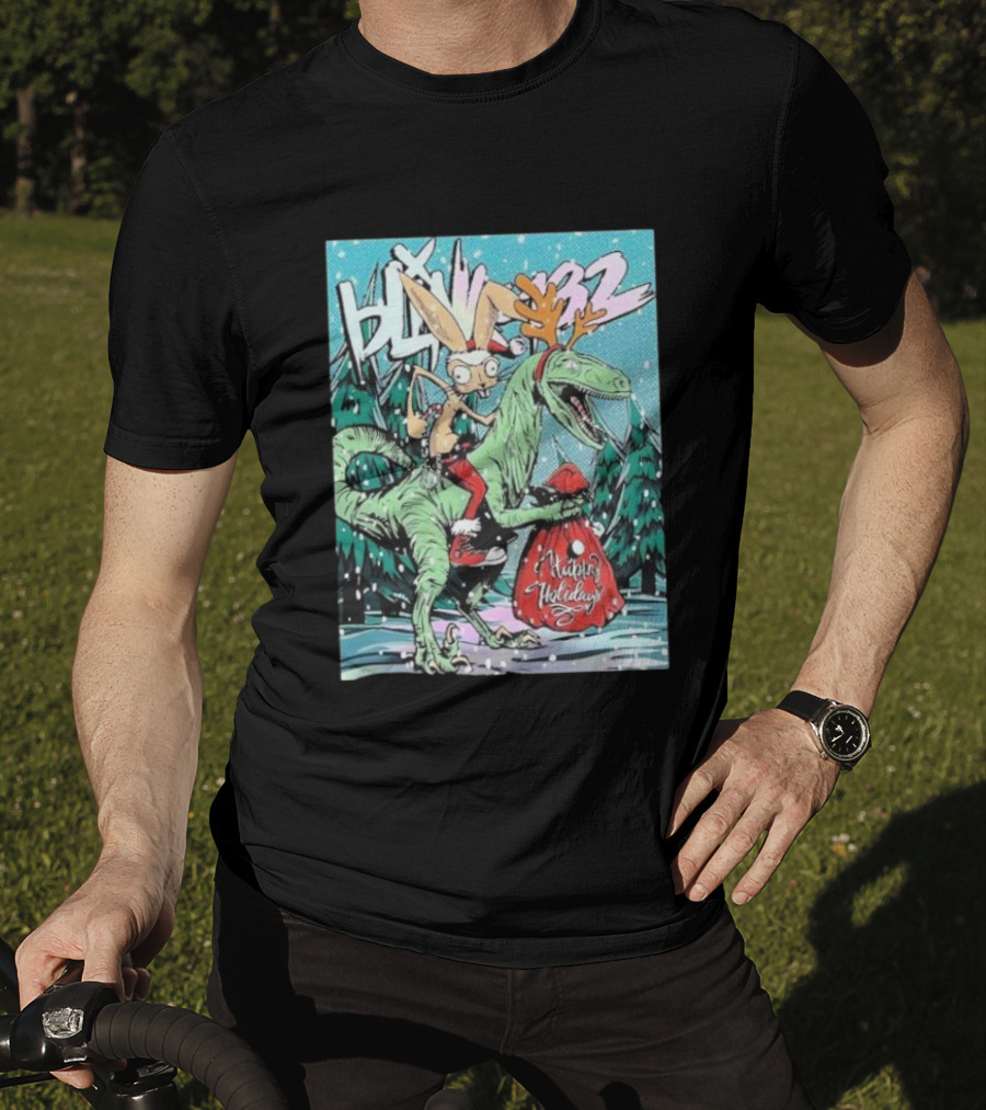 Blink 182 Merry Xmas Rabbit Riding Velociraptor Happy Holidays T-Shirt
