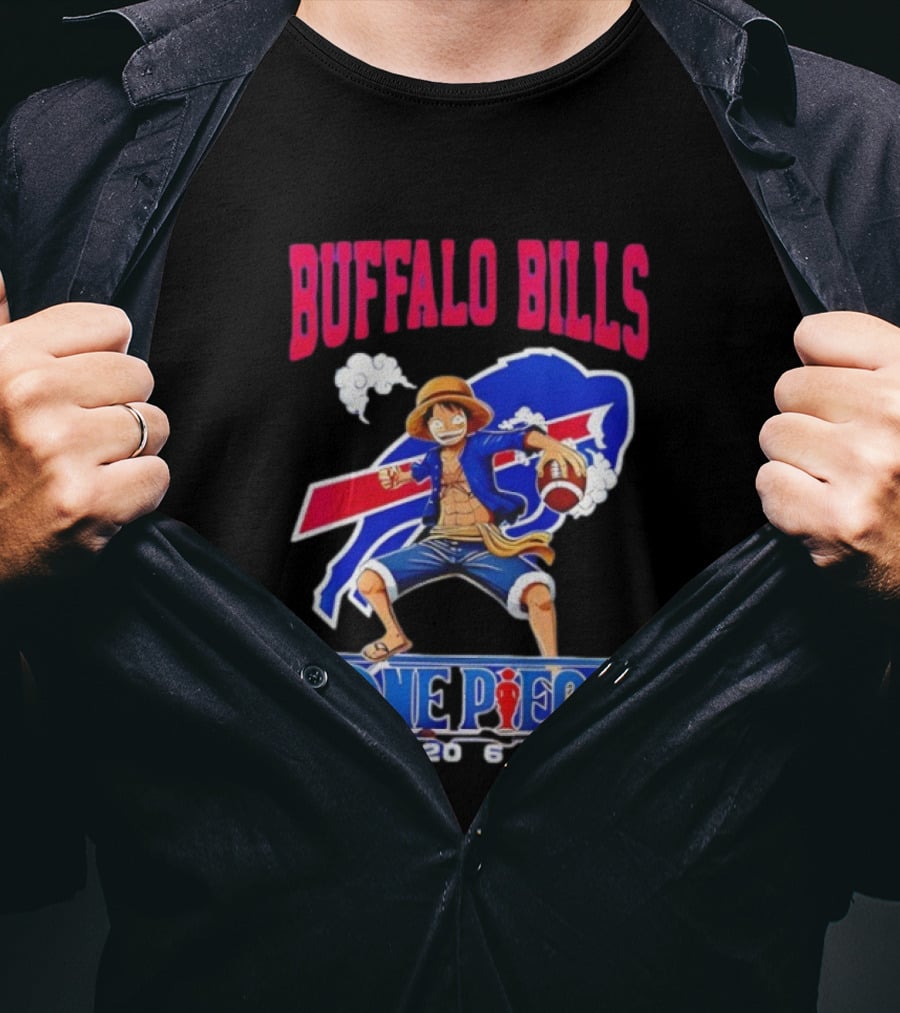 Buffalo Bills One Piece Crossover 2026 Featuring Luffy Football T-Shirt
