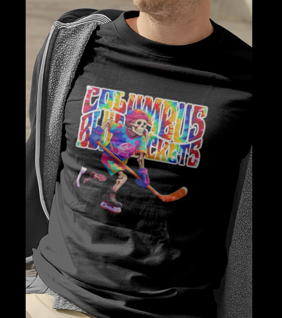 Columbus Blue Jackets Grateful Dead Tie-Dye Skeleton Hockey Player T-Shirt