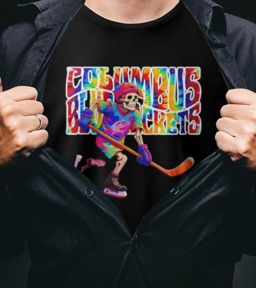 Columbus Blue Jackets Grateful Dead Tie-Dye Skeleton Hockey Player T-Shirt