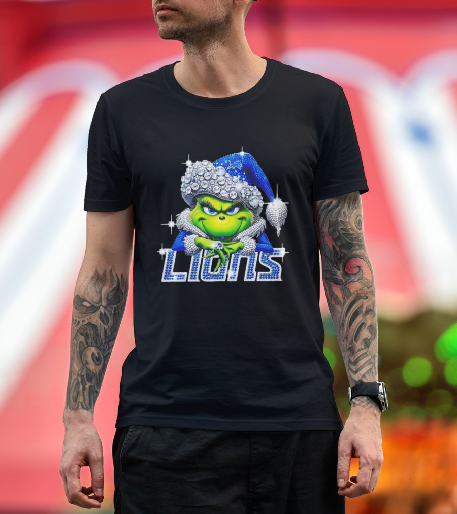 Detroit Lions Grinch Bling Santa Hat Christmas T-Shirt