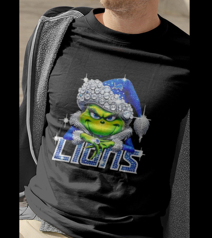 Detroit Lions Grinch Bling Santa Hat Christmas T-Shirt