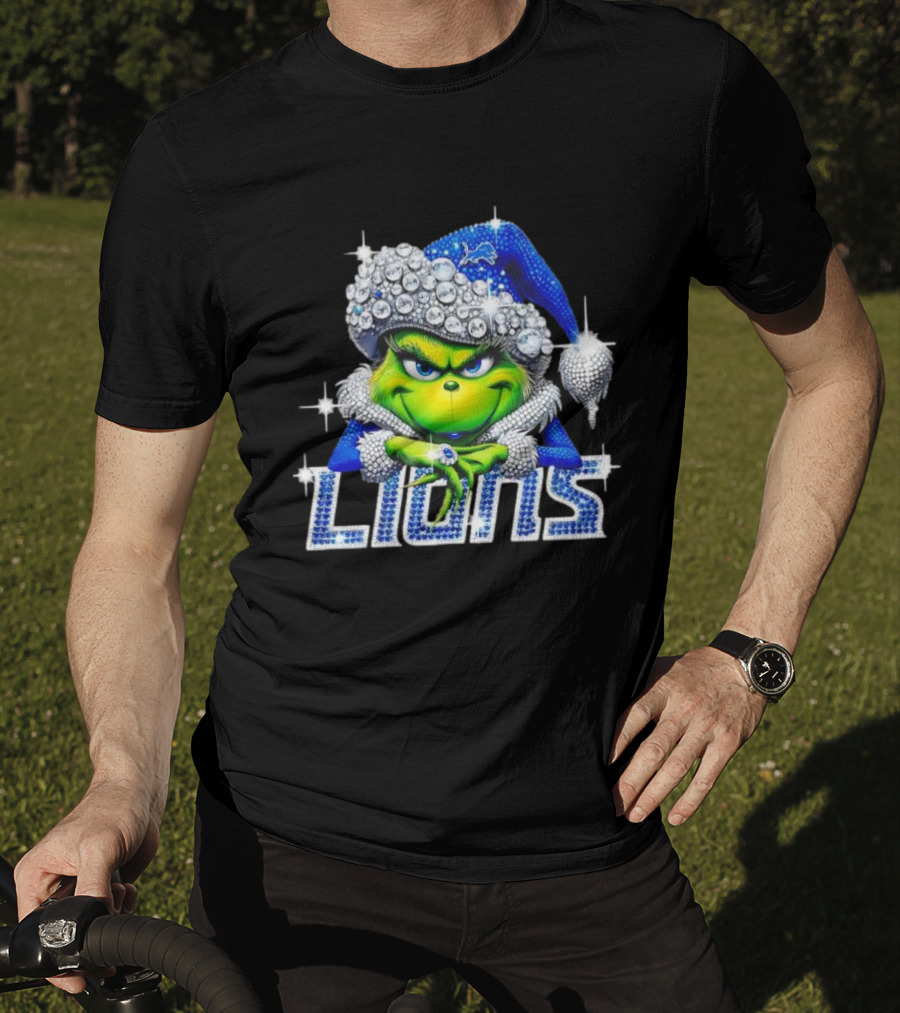 Detroit Lions Grinch Bling Santa Hat Christmas T-Shirt