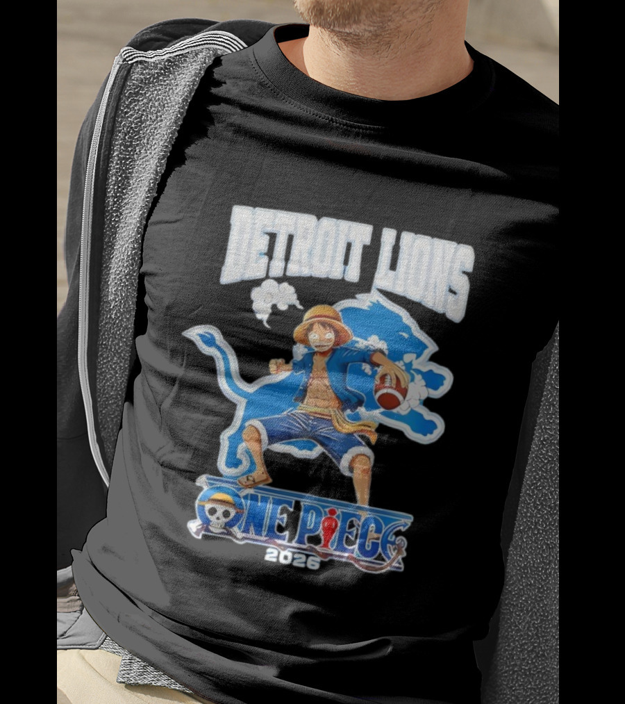 Detroit Lions One Piece Collaboration 2026 Luffy Crossover Football T-Shirt