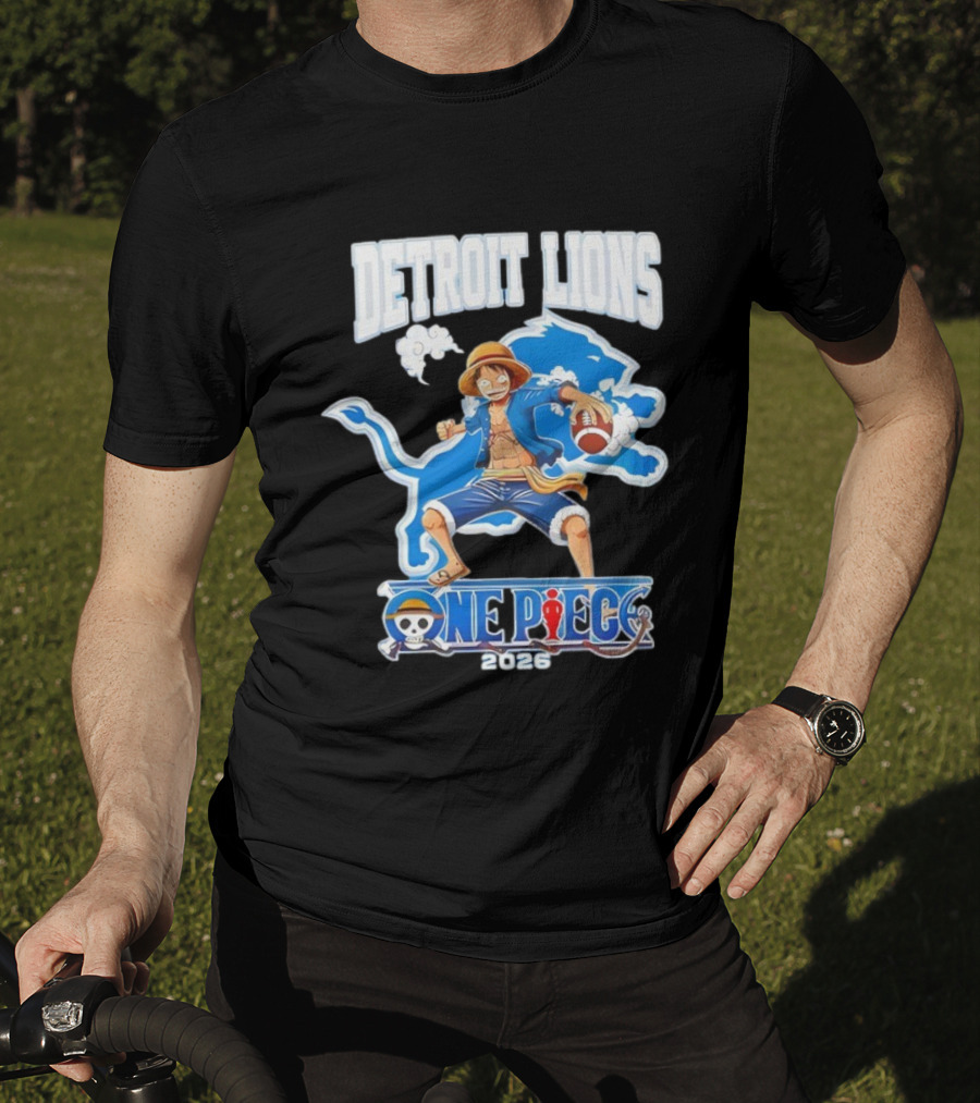 Detroit Lions One Piece Collaboration 2026 Luffy Crossover Football T-Shirt