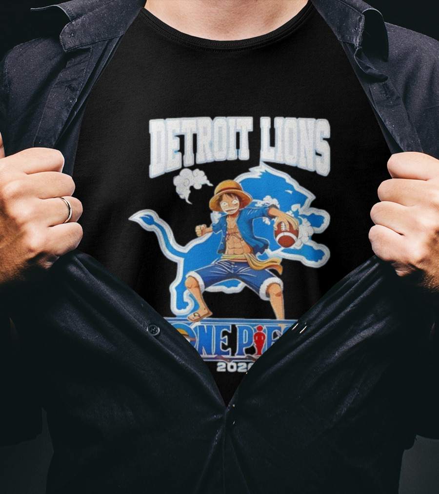 Detroit Lions One Piece Collaboration 2026 Luffy Crossover Football T-Shirt