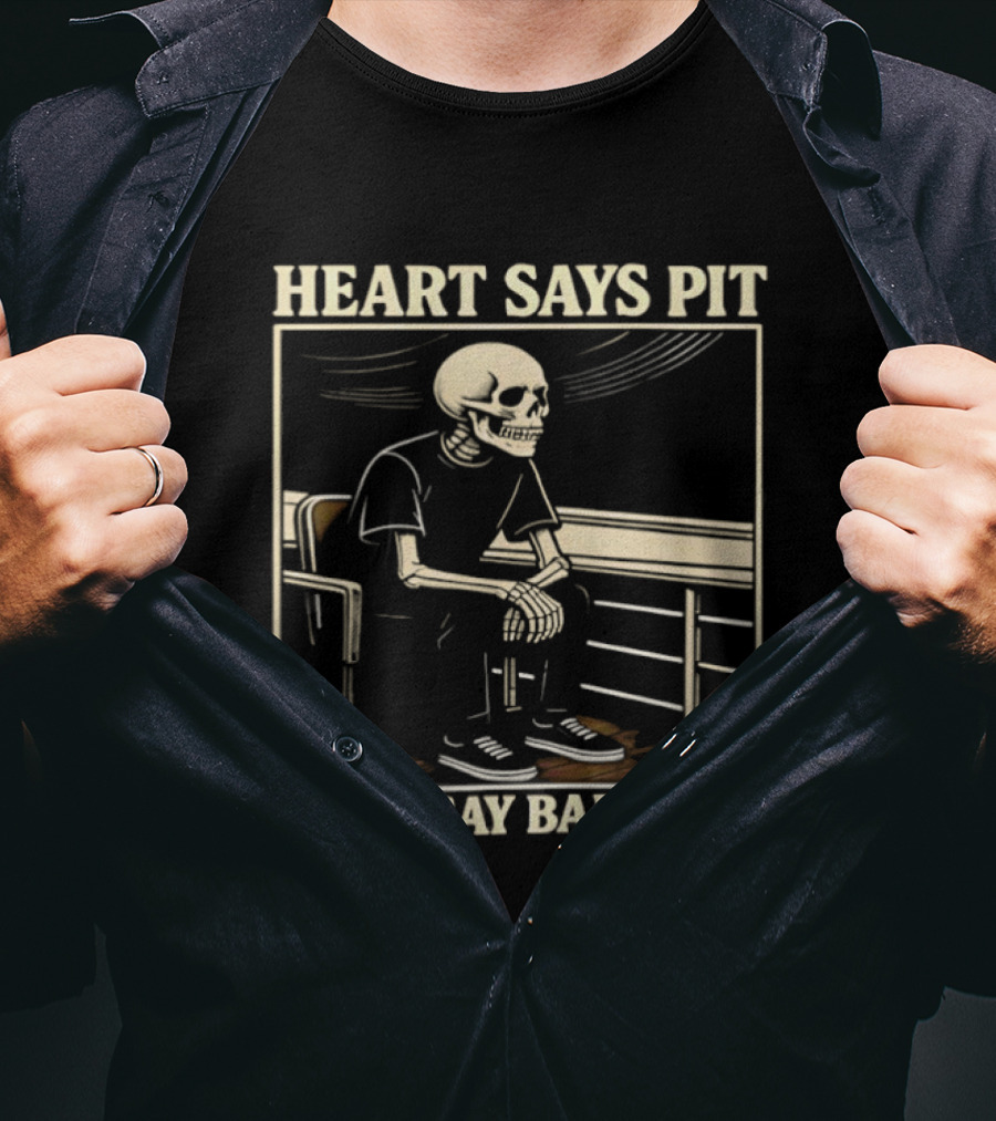 Heart Says Pit Knees Say Balcony Skeleton Sitting On Rail T-Shirt