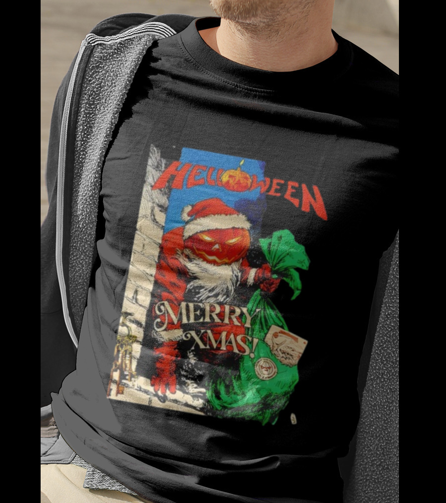 Helloween Merry Xmas Pumpkin Santa Halloween Christmas Fusion T-Shirt