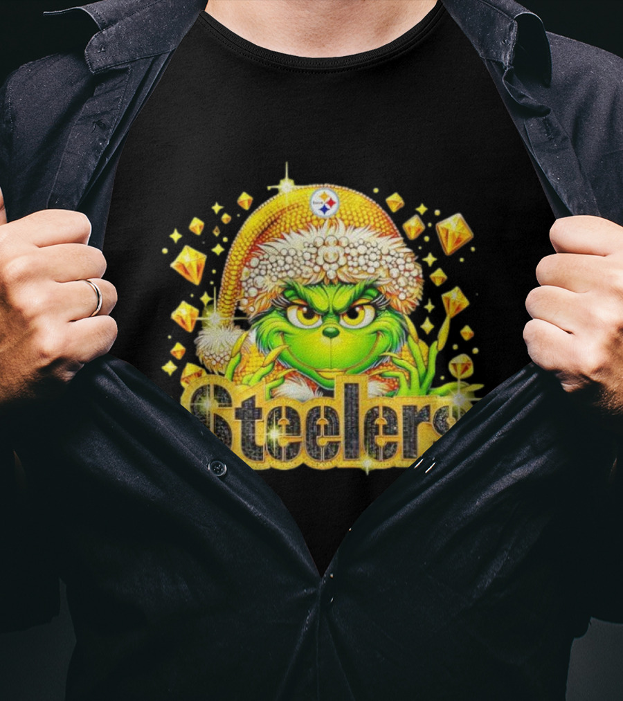 Pittsburgh Steelers Grinch Christmas Bling Santa Hat Holiday Merchandise T-Shirt