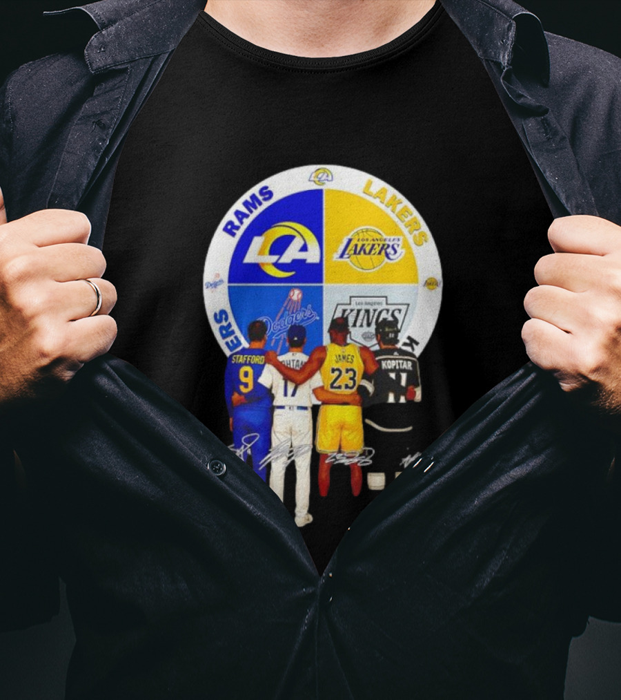 Los Angeles Rams Lakers Dodgers Kings Major Players Stafford Kershaw James Kopitar Signatures T-Shirt