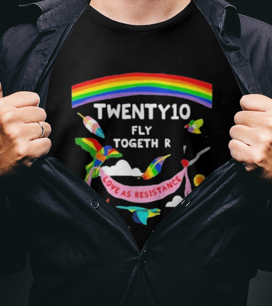 TWENTY10 Fly Together Love Is Resistance Rainbow Birds Clouds Sun T-Shirt