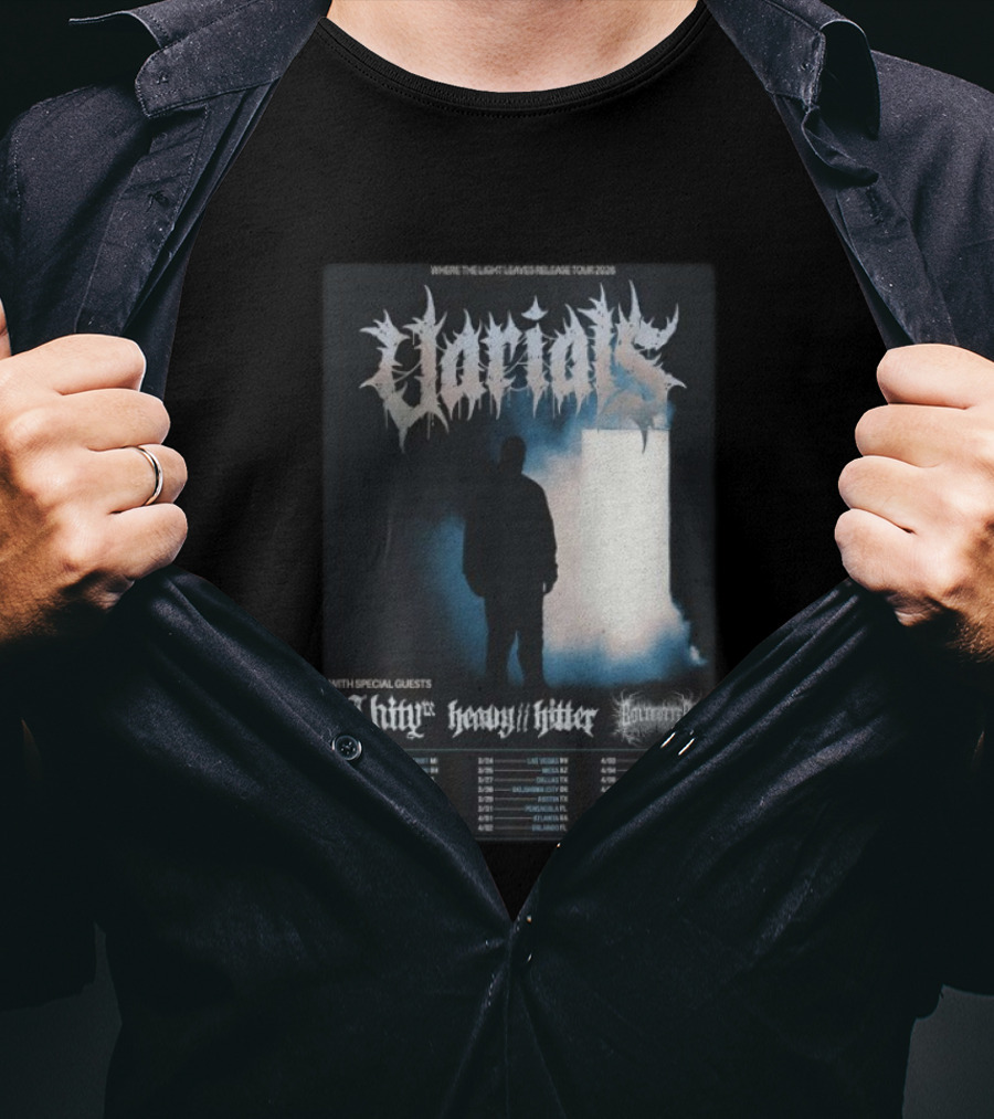 Varials Where The Light Leaves Release Tour 2026 With Special Guests Unity Heavy Hitter Dates And Locations T-Shirt