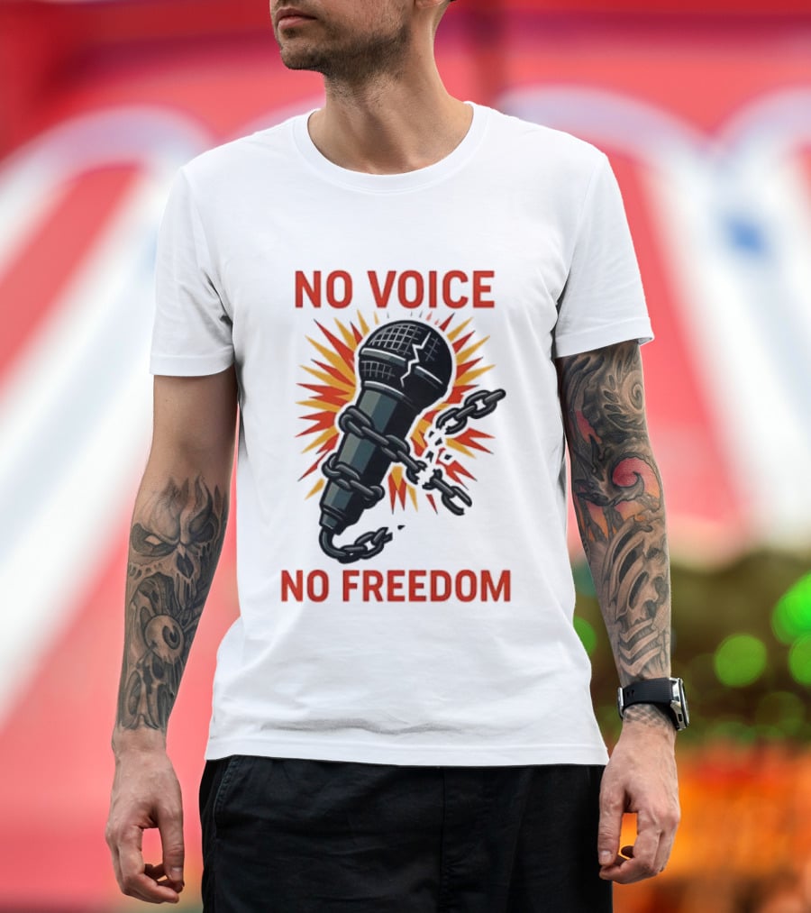 No Voice No Freedom Microphone And Chain Graphic T-Shirt
