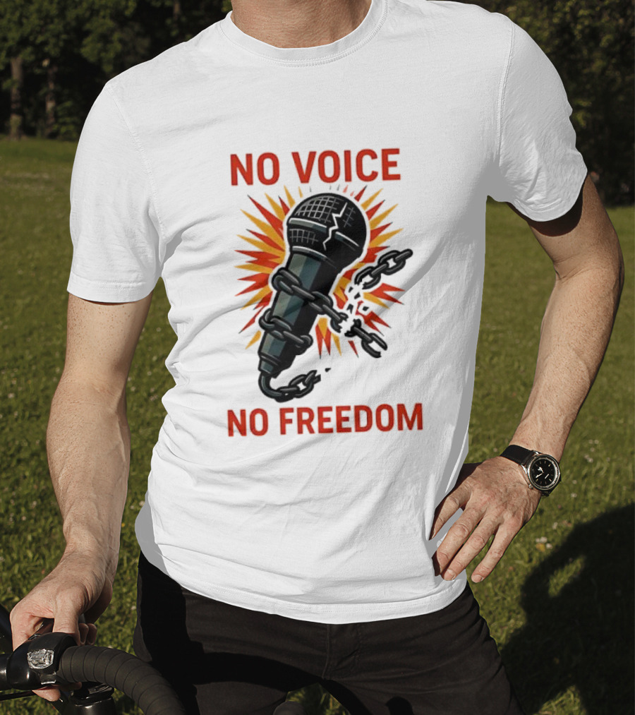 No Voice No Freedom Microphone And Chain Graphic T-Shirt