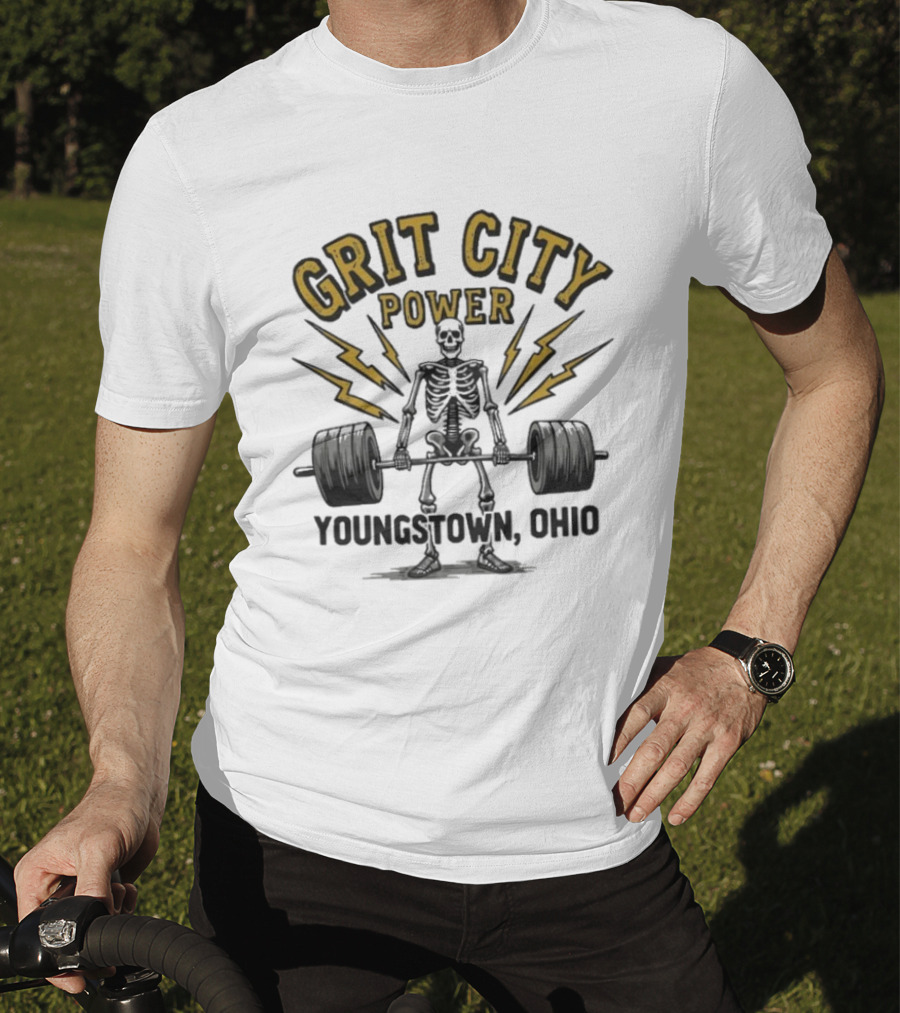 Grit City Power Youngstown Ohio Skeleton Weightlifting Strength T-Shirt