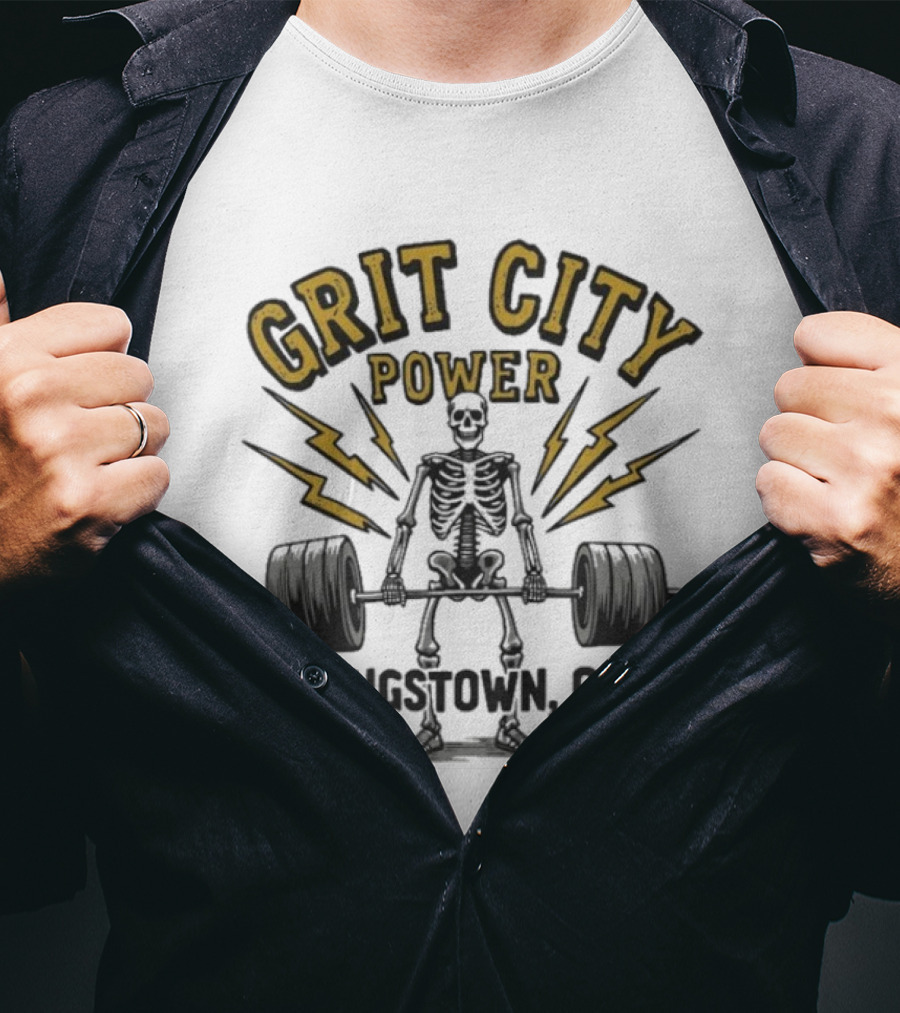 Grit City Power Youngstown Ohio Skeleton Weightlifting Strength T-Shirt