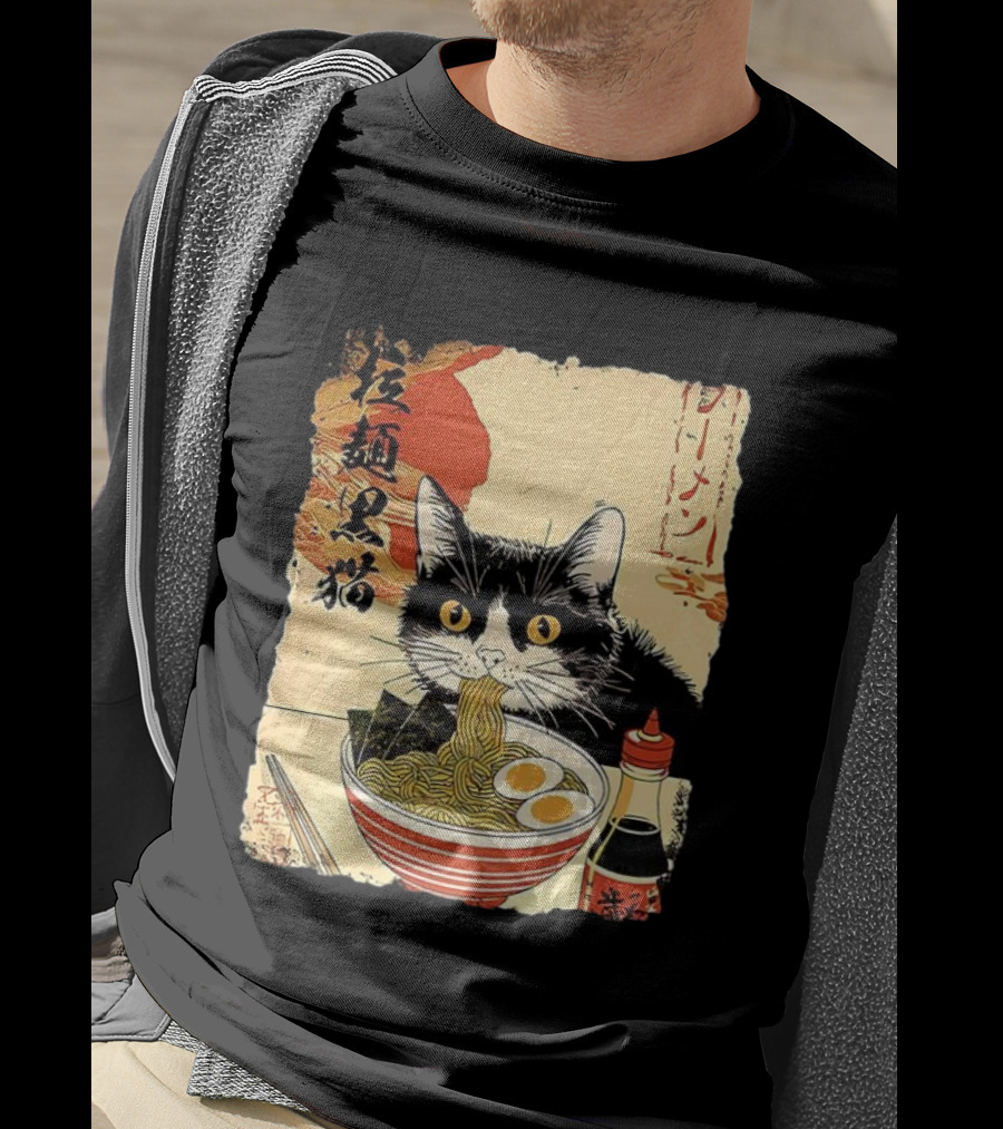 Japanese Black Cat Ramen Ukiyo E Retro Style With Kanji T-Shirt