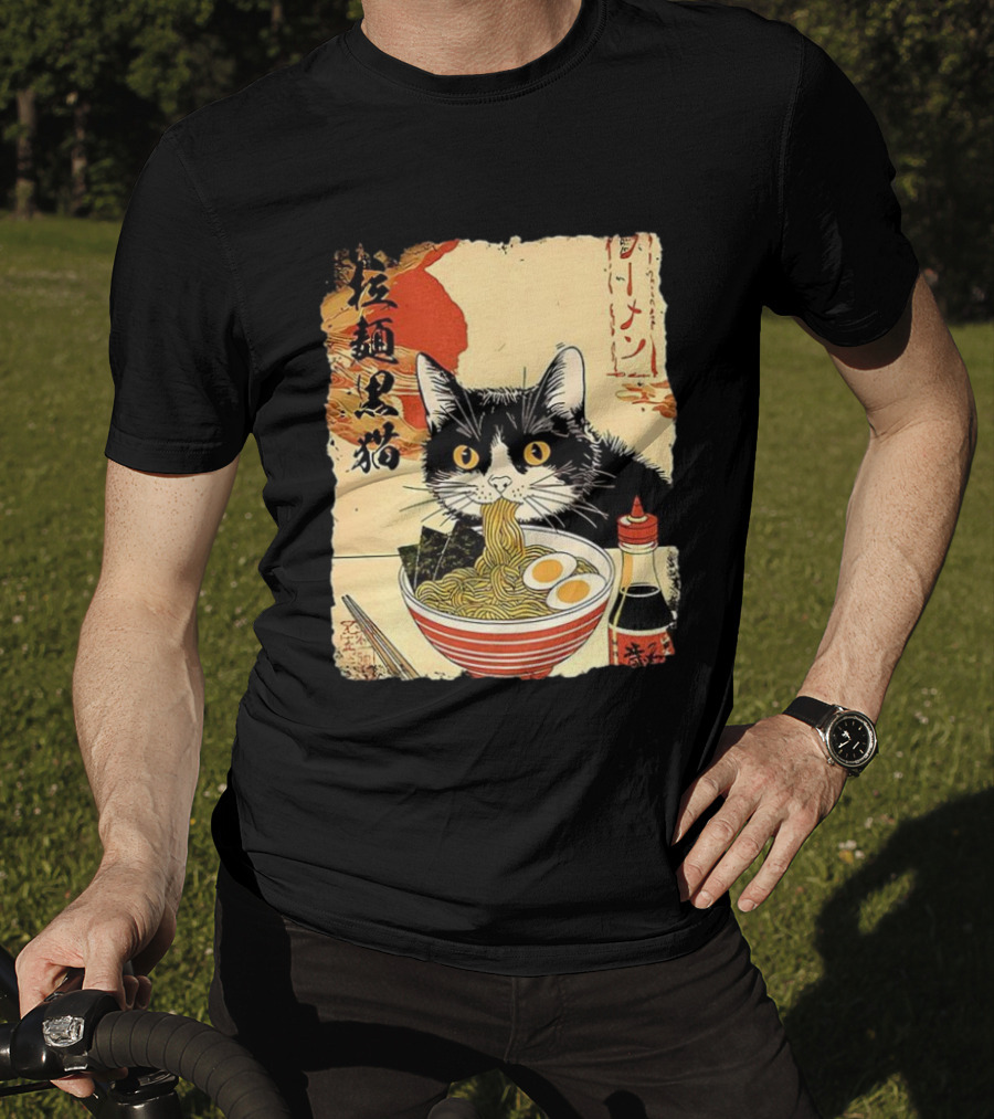 Japanese Black Cat Ramen Ukiyo E Retro Style With Kanji T-Shirt