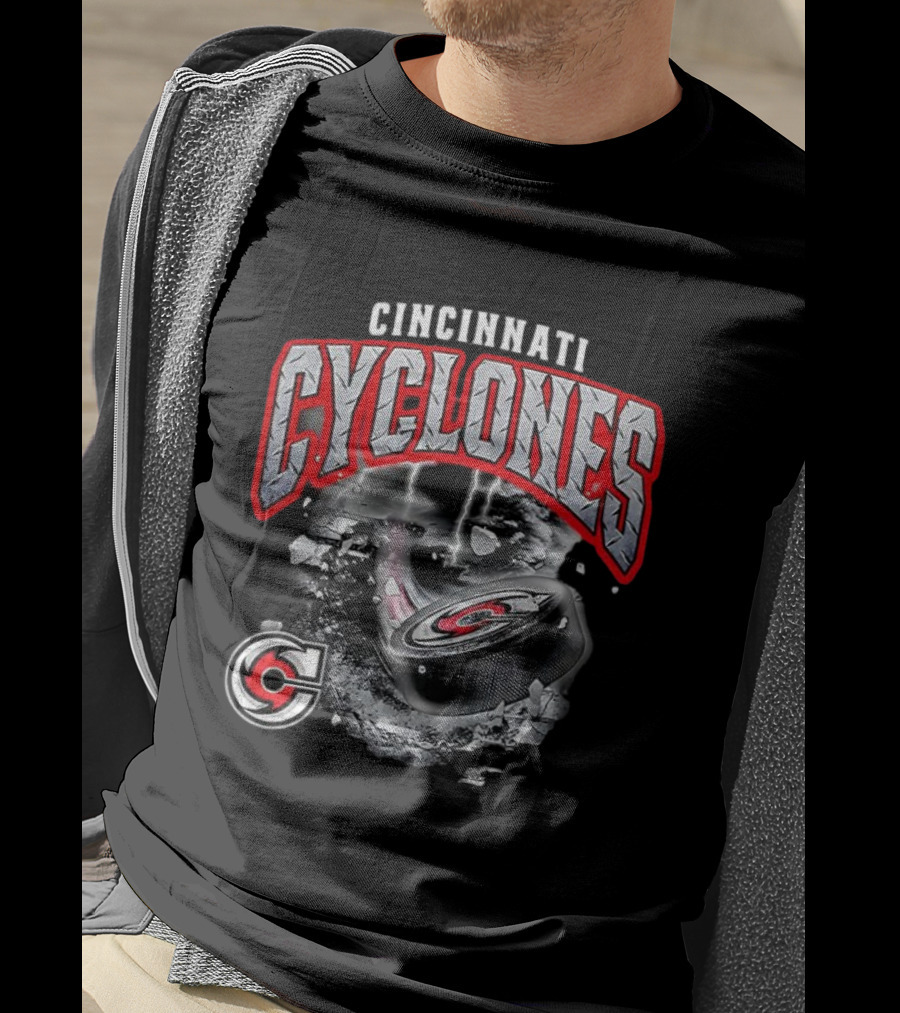 Cincinnati Cyclones Ice Hockey Storm Warning Puck Shattering Ice T-Shirt