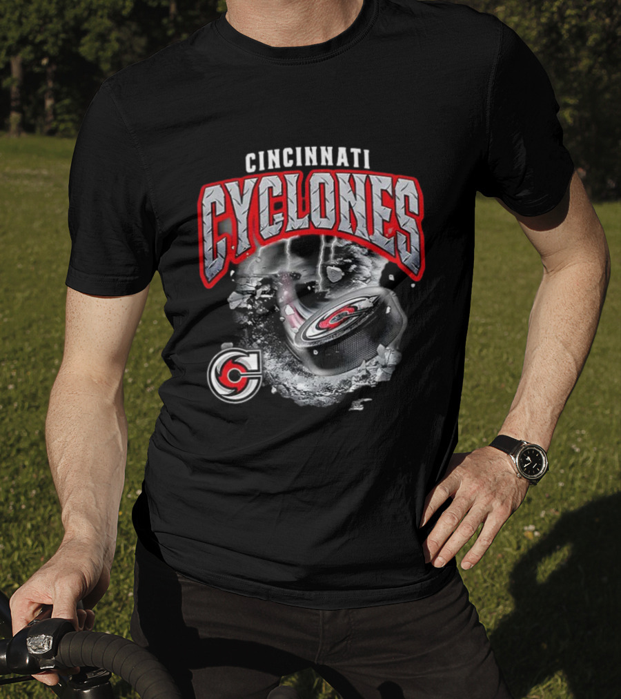 Cincinnati Cyclones Ice Hockey Storm Warning Puck Shattering Ice T-Shirt