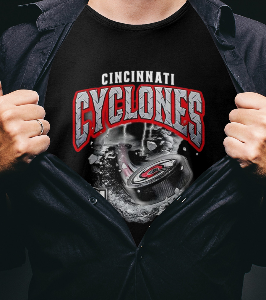 Cincinnati Cyclones Ice Hockey Storm Warning Puck Shattering Ice T-Shirt
