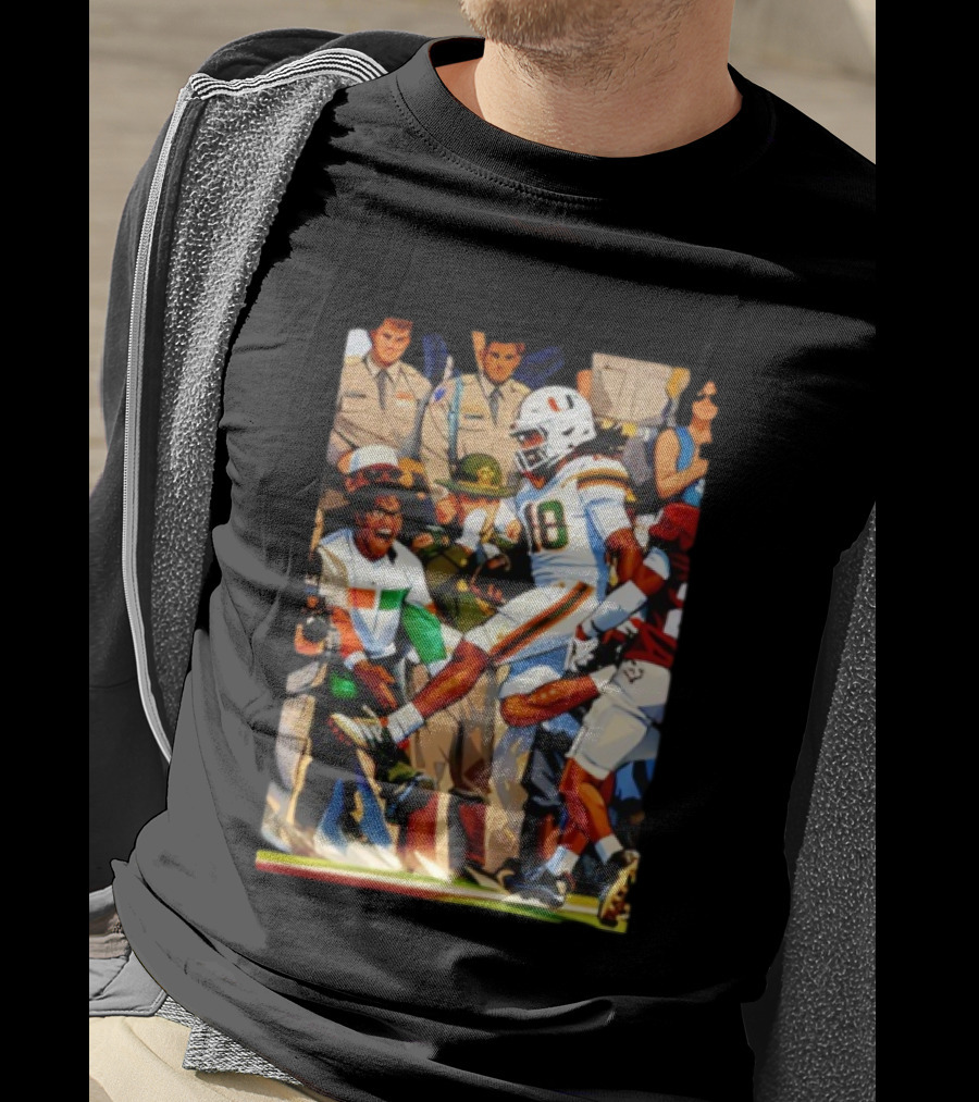 Miami Hurricanes Football Touchdown Celebration Game Day Action Scene T-Shirt