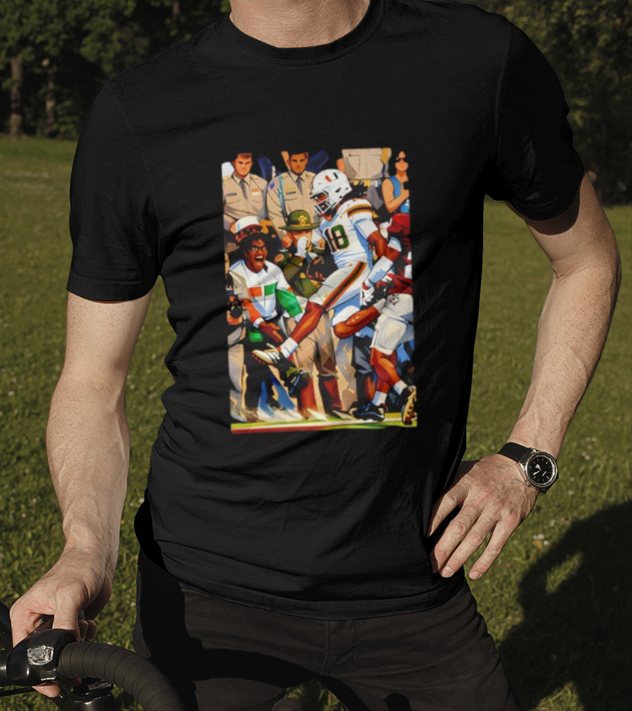 Miami Hurricanes Football Touchdown Celebration Game Day Action Scene T-Shirt