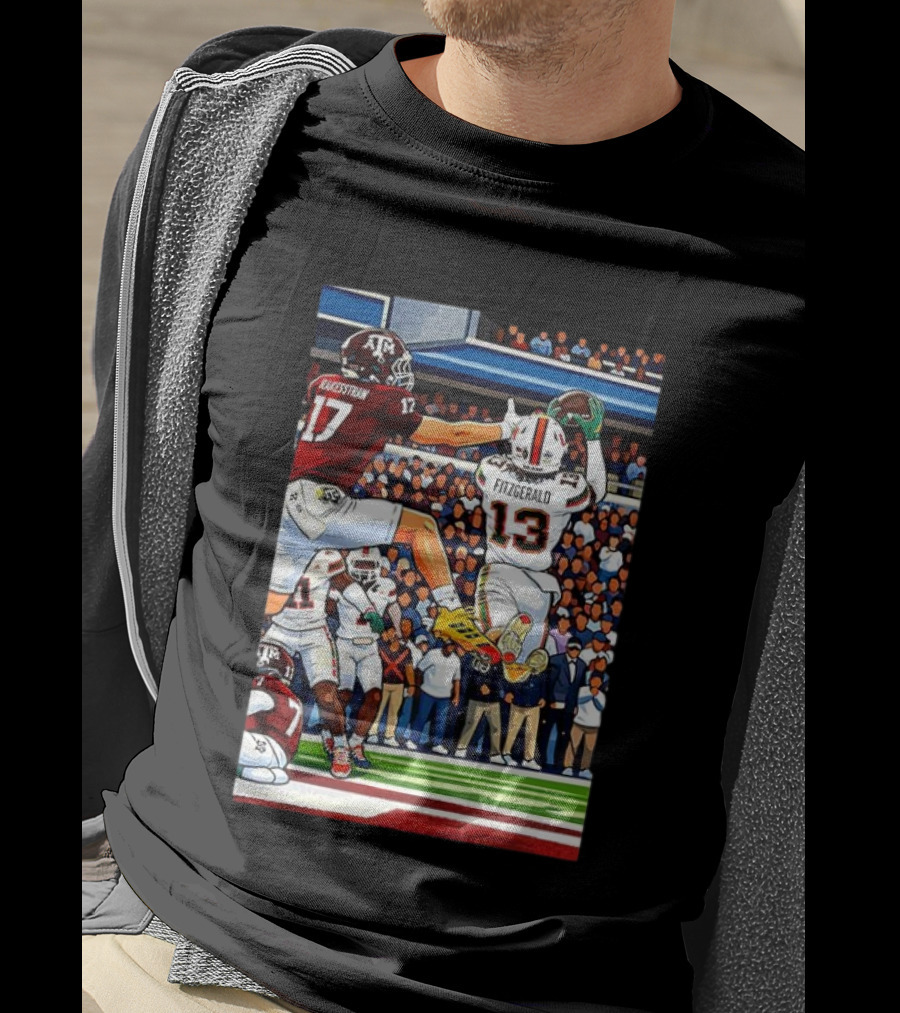 Miami Hurricanes Rakestraw 17 Vs Texas A&M Aggies Fitzgerald 13 NCAA CFP 2025 Match Football Action T-Shirt