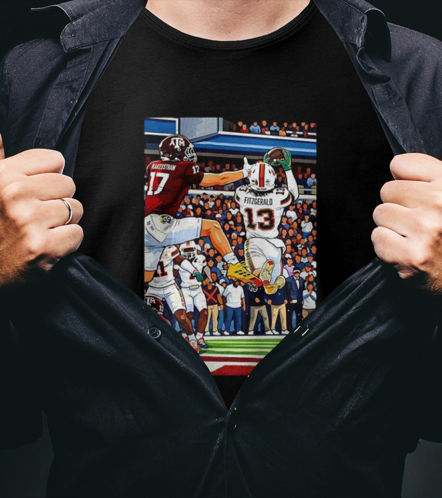 Miami Hurricanes Rakestraw 17 Vs Texas A&M Aggies Fitzgerald 13 NCAA CFP 2025 Match Football Action T-Shirt