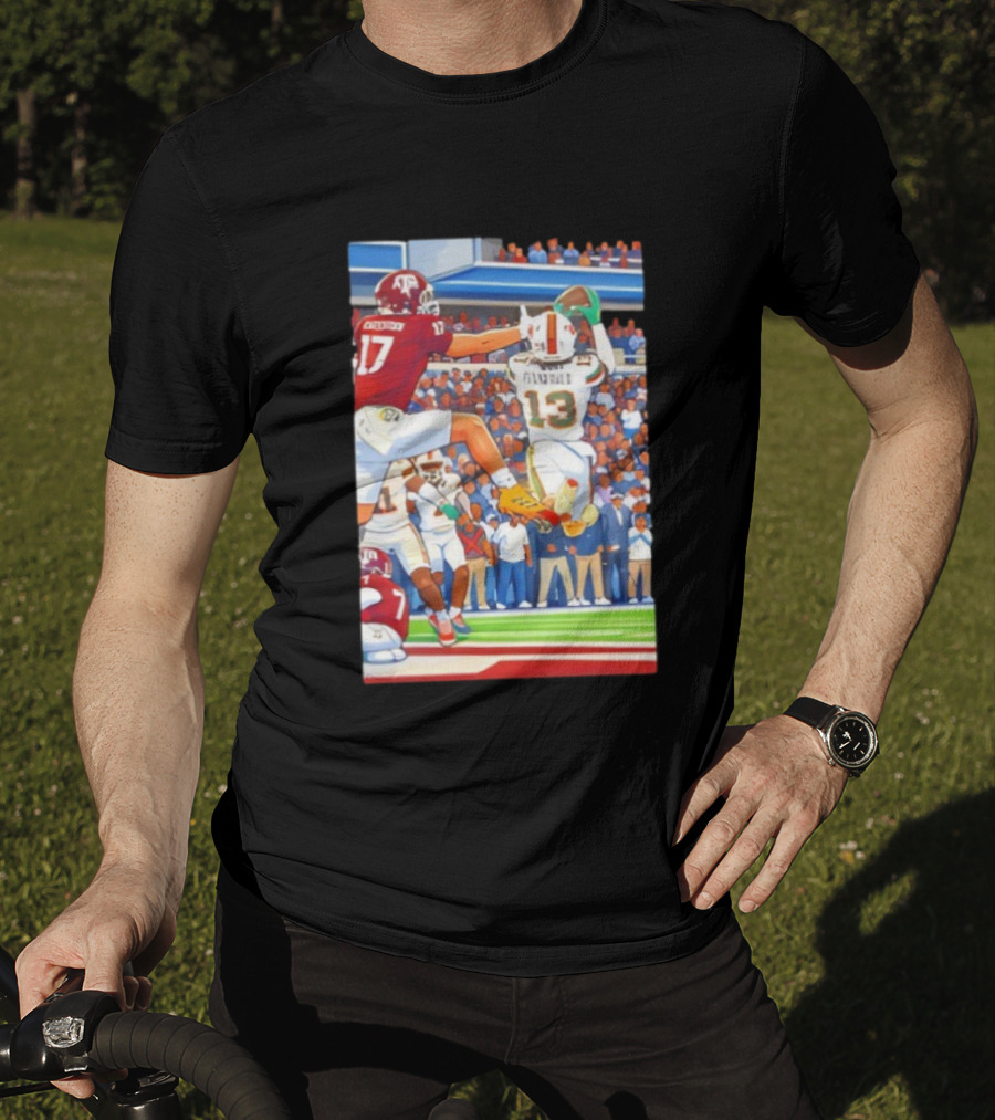 Miami Hurricanes Vs Texas A&M Football Game Fitzgerald 13 Rakestraw 17 Stadium Scene T-Shirt