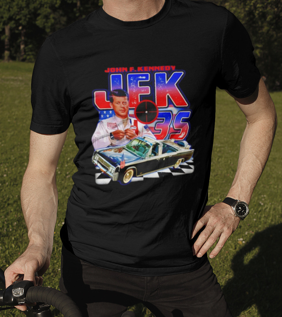 John F. Kennedy JFK 35 Racer Car USA Flag T-Shirt