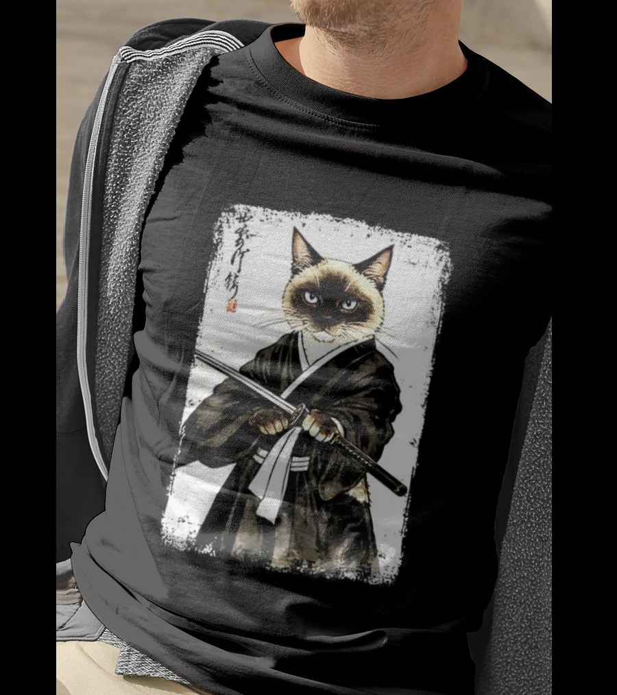Siamese Cat Samurai Warrior Japanese Vantage Painting Kanji T-Shirt
