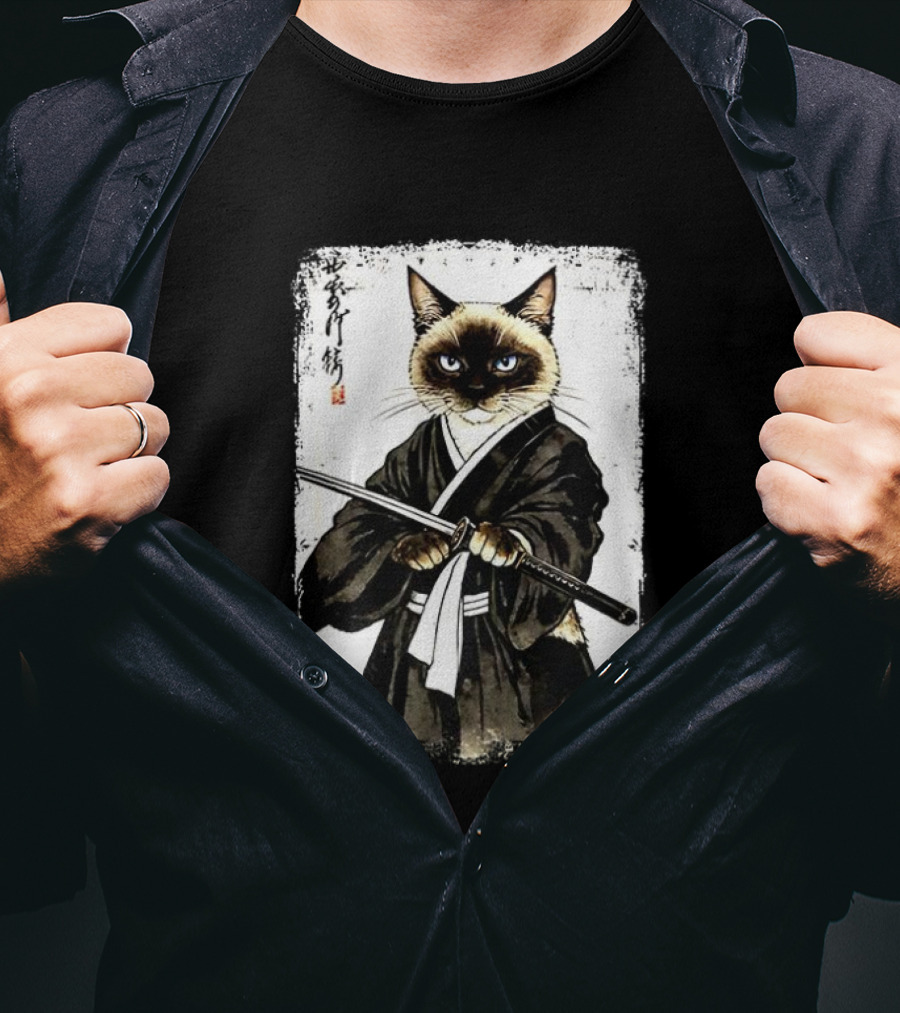 Siamese Cat Samurai Warrior Japanese Vantage Painting Kanji T-Shirt