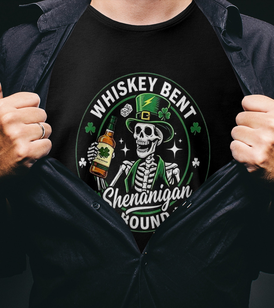 Whiskey Bent Shenanigan Bound Drinking Skeleton Clover Hat Dice T-Shirt